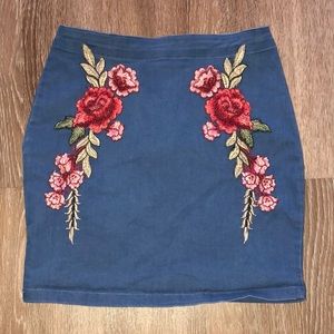 Denim Mini Skirt with Flower Embroidery